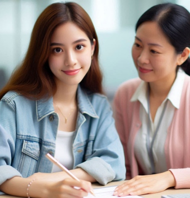 a woman looking at a woman holding a pen