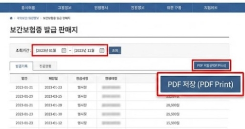건강보험료 납부확인서 기간 설정 및 PDF 출력 화면