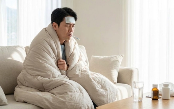 고열과 오한으로 힘들어하는 독감 환자