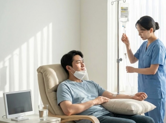 독감 치료를 위해 수액 주사(페라미플루)를 맞는 모습