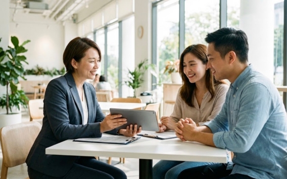 전문 보험설계사가 고객과 재무 상담을 진행하는 모습