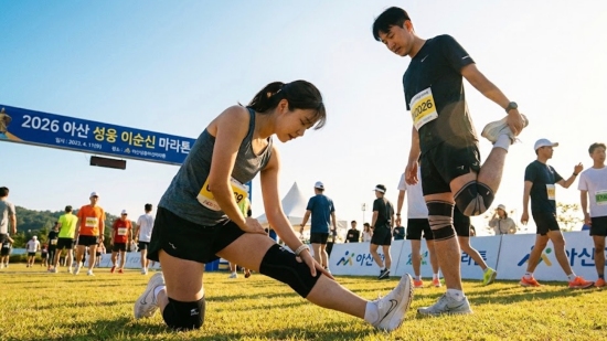 마라톤 참가자가 무릎 보호대를 착용하고 스트레칭을 하는 모습