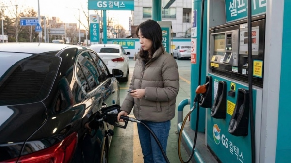 주유소에서 주유하는 모습과 신용카드 이미지