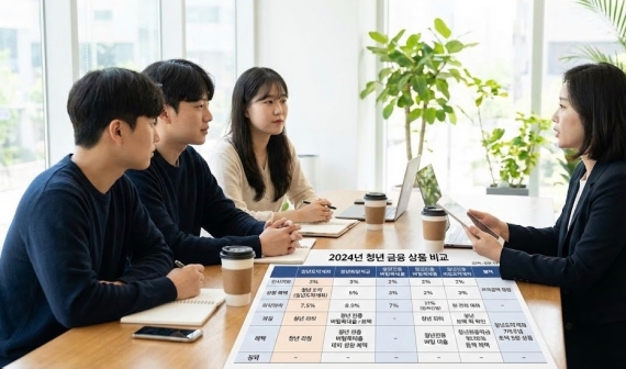 청년들이 금융 상담을 받고 있는 모습과 다양한 청년 금융 상품 비교표