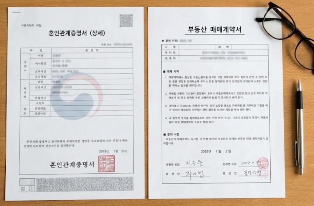 특별중도해지 증빙서류 혼인관계증명서 및 매매계약서 예시