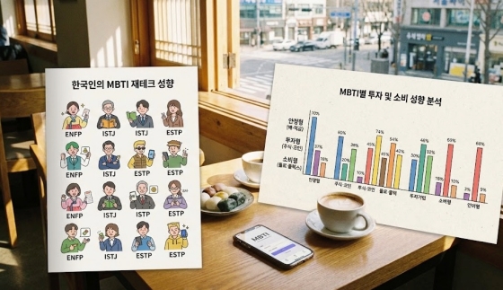 MBTI 성격 유형별 캐릭터 일러스트와 재테크 성향 분석 그래프