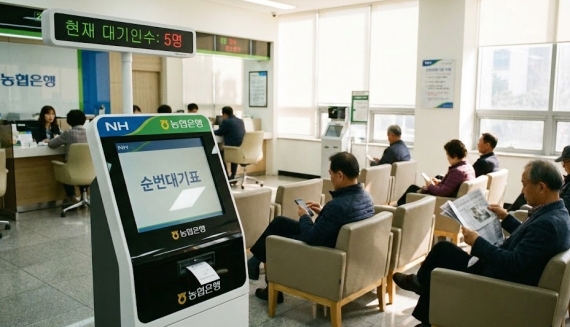 농협은행 창구 번호표 기계와 상담을 기다리는 고객들의 모습