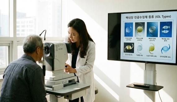 백내장 수술 전 검사를 받는 환자의 모습과 인공수정체 종류 이미지