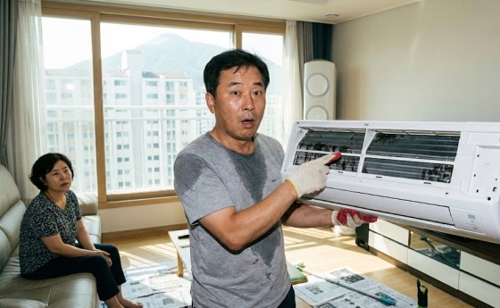 삼성 무풍 에어컨 전면 패널을 분리하여 곰팡이를 확인하는 모습