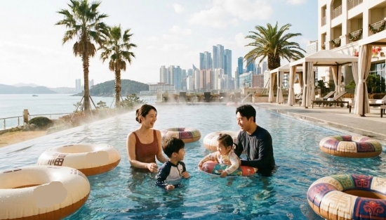 설날 연휴 호캉스를 즐기는 가족의 행복한 모습과 호텔 수영장 전경