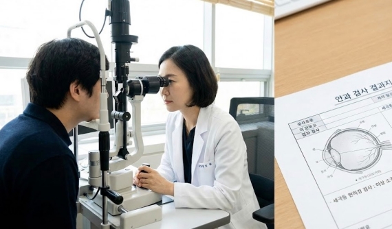 안과에서 세극등 현미경 검사를 진행하는 장면과 검사 결과지 예시