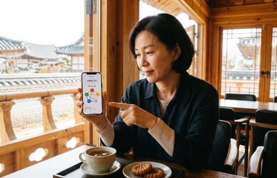 스마트폰으로 이름풀이 결과를 확인하는 모습과 오행 분석 그래프