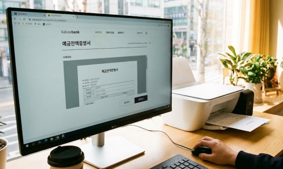PC 모니터 화면의 카카오뱅크 홈페이지에서 증명서를 출력하는 모습