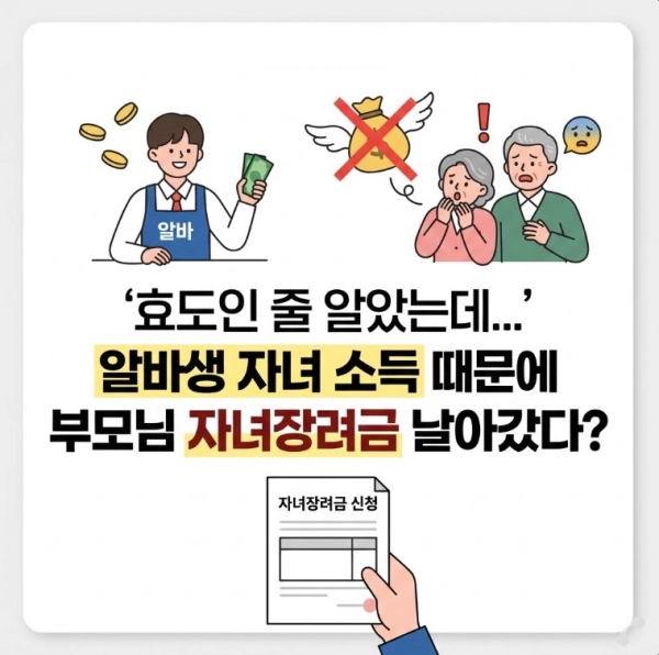 "효도인 줄 알았는데..." 알바생 자녀 소득 때문에 부모님 자녀장려금 날아간 역설적 상황